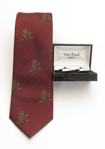 Wine Flying Pheasant Country Silk Tie & Cufflink Set by Van Buck 
