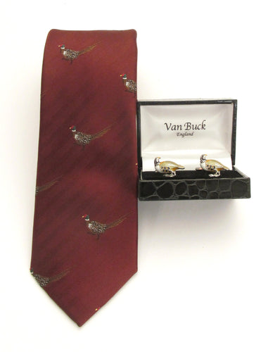Wine Running Pheasant Country Silk Tie & Cufflink Set by Van Buck