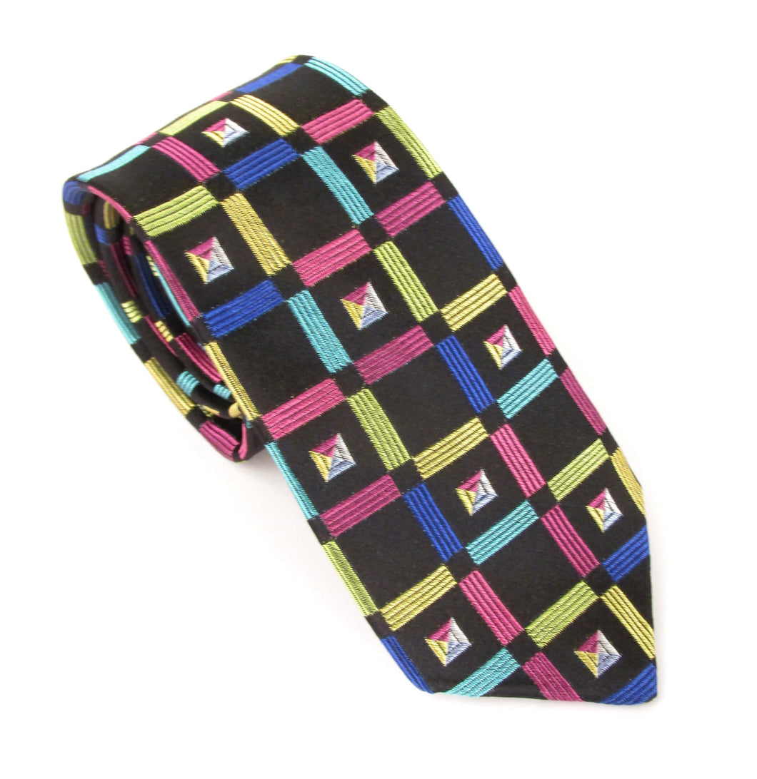 Van Buck Limited Edition Black with Multicoloured Geometric Squares Silk Tie