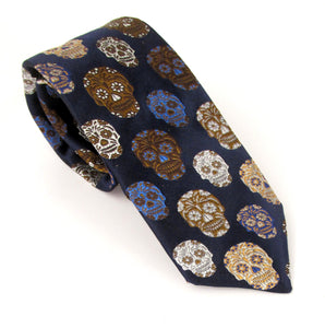 Limited Edition Navy Blue and Brown Skull Silk Tie by Van Buck