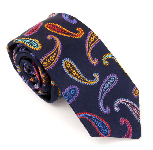 Limited Edition Navy Silk Tie with Pink Paisleys by Van Buck