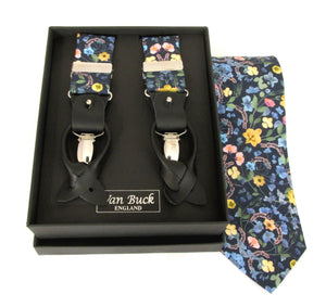 Aurora Navy Tie & Trouser Braces Set Made with Liberty Fabric
