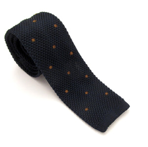 Navy Blue Knitted Tie with Brown Dots by Van Buck