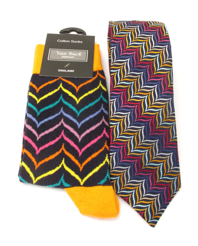 Van Buck Limited Edition Orange Herringbone Silk Tie & Socks Gift Set 