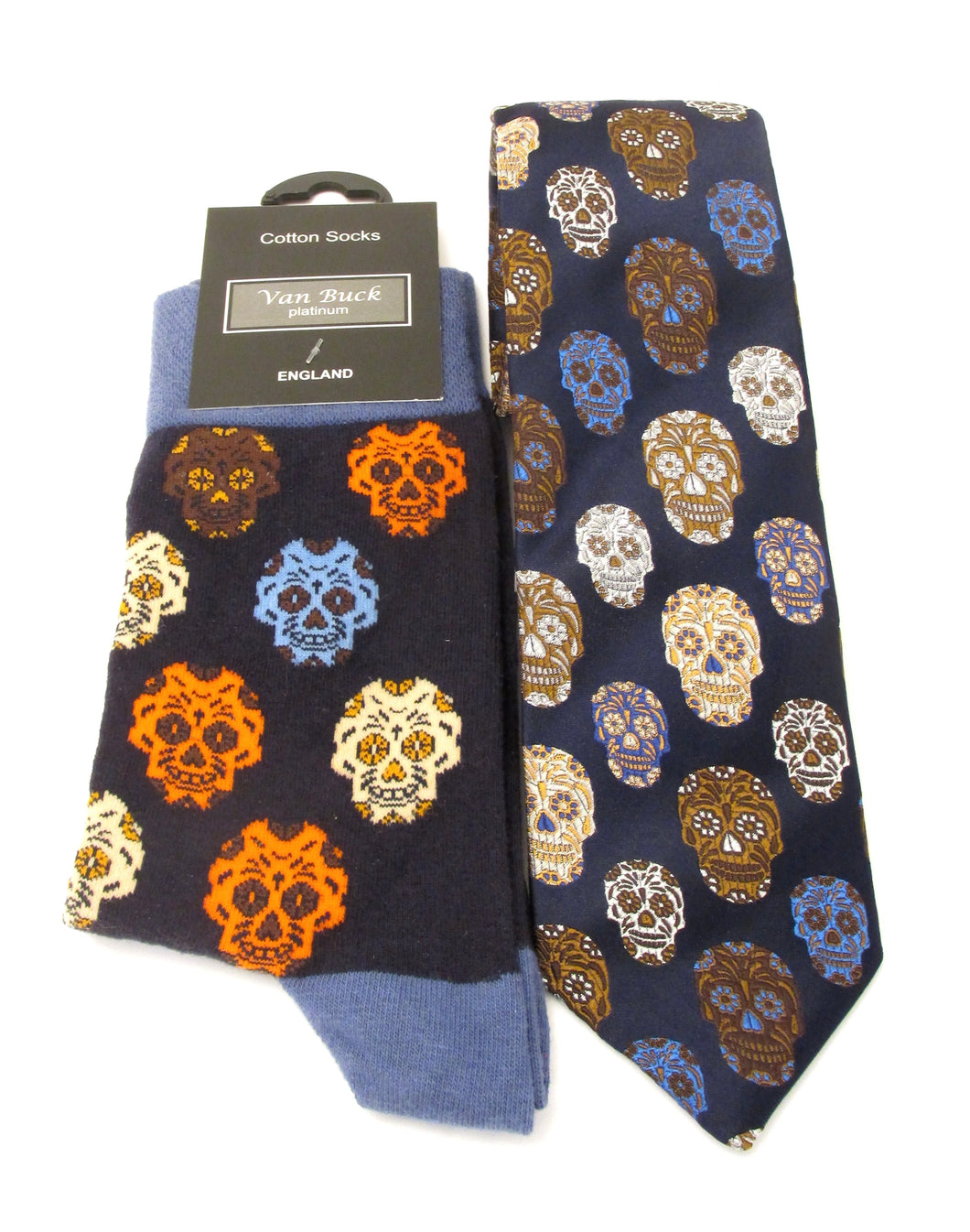Van Buck Limited Edition Navy and Brown Skull Silk Tie & Socks Gift Set