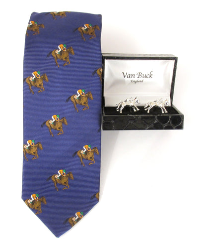 Royal Horse Racing Motif Silk Tie & Cufflink Set by Van Buck
