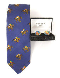 Royal Horse Racing Motif Silk Tie & Oval Cufflink Set by Van Buck