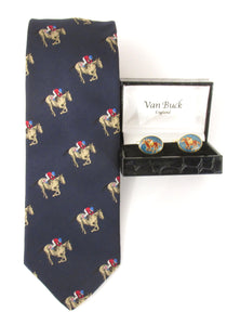 Navy Horse Racing Motif Silk Tie & Oval Cufflink Set by Van Buck