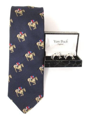 Navy Horse Racing Motif Silk Tie & Cufflink Set by Van Buck