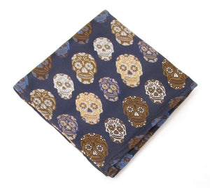Limited Edition Navy Blue & Brown Skull Silk Pocket Square by Van Buck