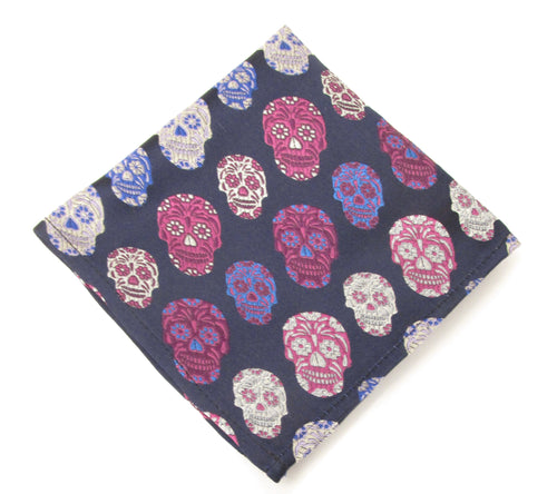 Limited Edition Navy Pink Skull Silk Pocket Square by Van Buck