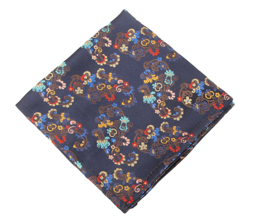 Limited Edition Navy & Tan Floral Vine Silk Pocket Square by Van Buck