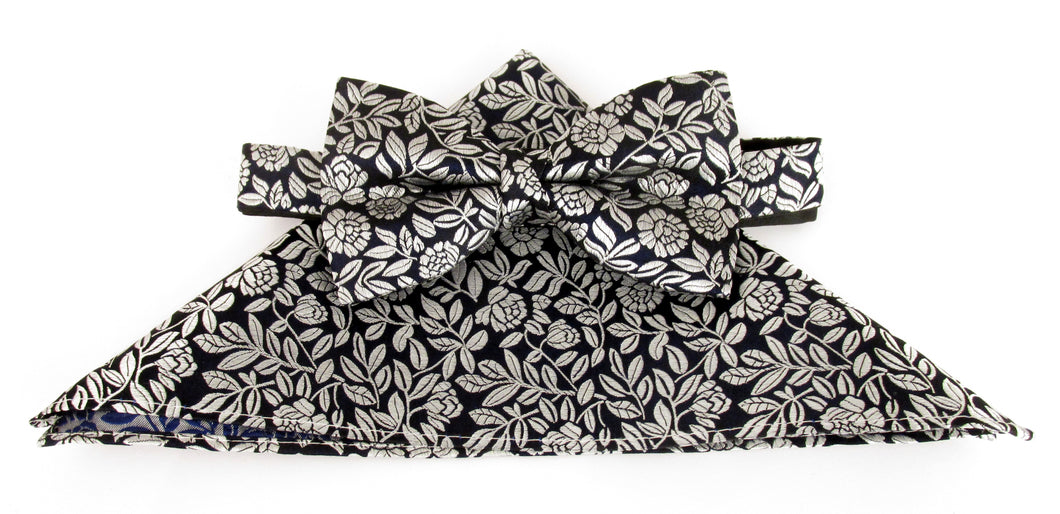 Silver Leaf Silk Bow Tie & Pocket Square Set Tie by Van Buck
