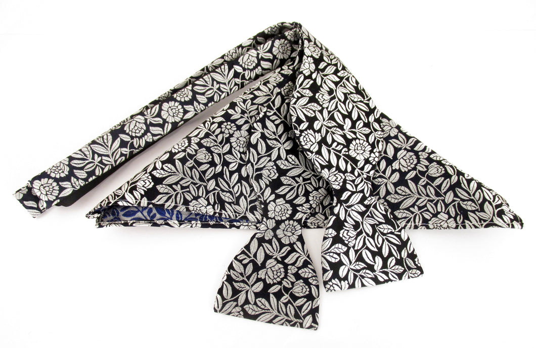 Silver Leaf Self-Tied Silk Bow Tie & Pocket Square Set by Van Buck