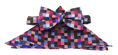 Pink Block Silk Bow Tie & Pocket Square Set Tie by Van Buck