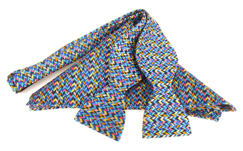 Multicoloured Herringbone Self-Tied Silk Bow Tie & Pocket Square Set by Van Buck