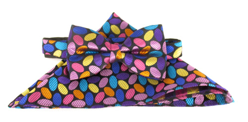 Multicoloured Ovals Silk Bow Tie & Pocket Square Set by Van Buck