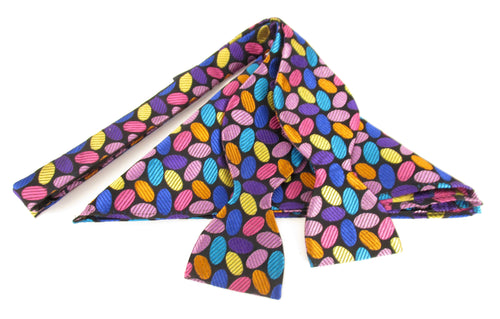 Multicoloured Ovals Self-Tied Silk Bow Tie & Pocket Square Set by Van Buck