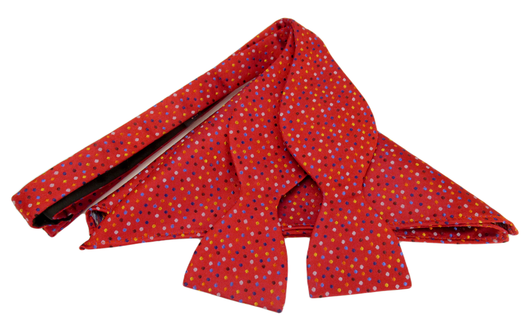 Red Multicoloured Dot Self-Tied Silk Bow Tie & Pocket Square Set by Van Buck