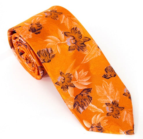 Orange Floral Silk Tie by Van Buck