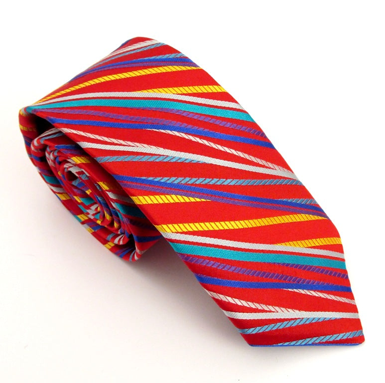 Limited Edition Red with Multicoloured Stiped Silk Tie by Van Buck