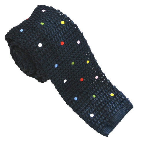 Navy Blue Knitted Silk Tie with Multi Coloured Embroidered Dots by Van Buck