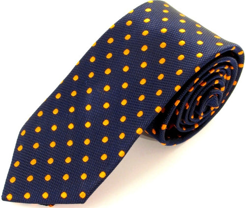 Navy Blue & Orange Polka Dot Silk Tie by Van Buck 