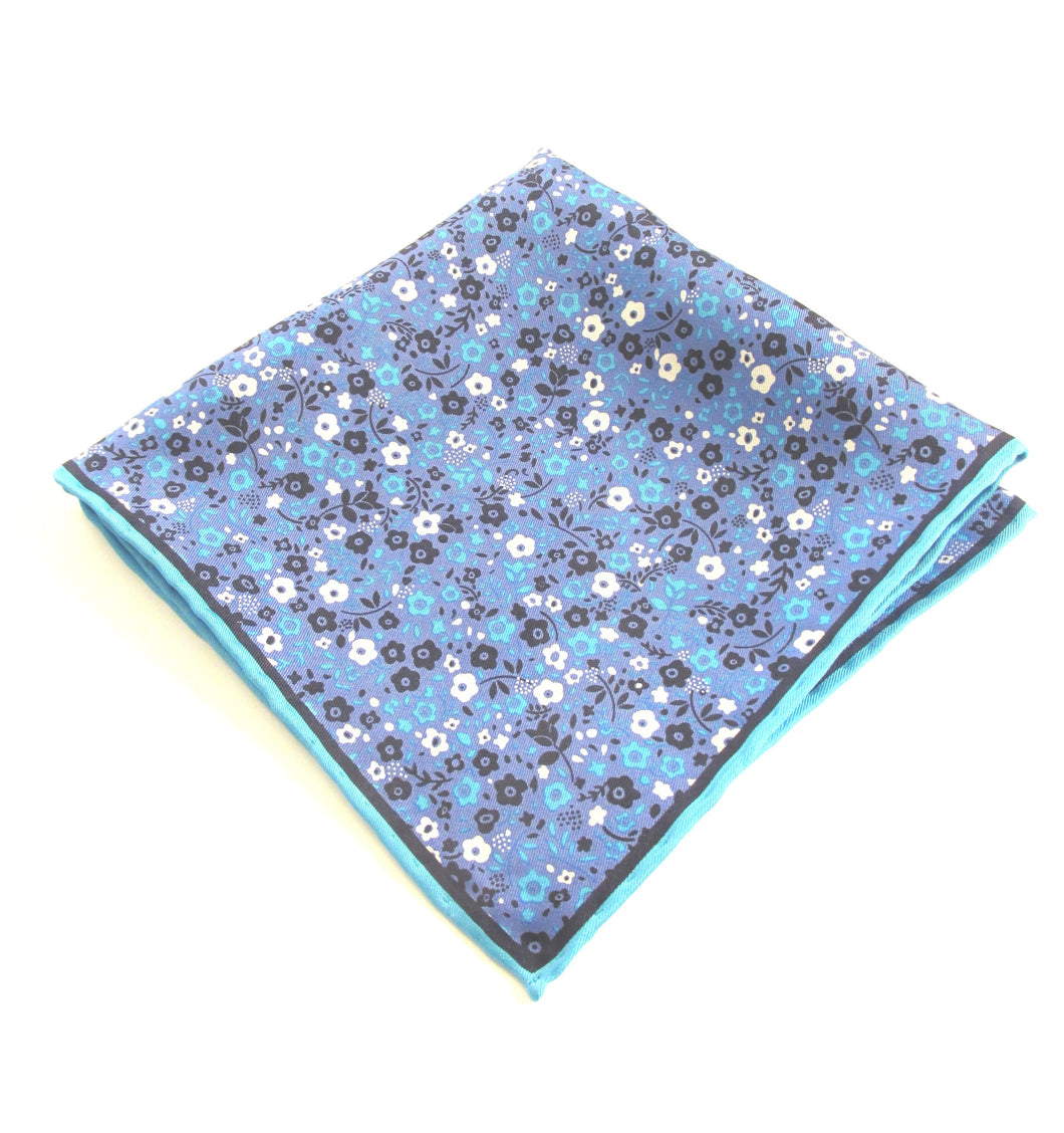 Aqua Blue Floral Silk Fancy Pocket Square by Van Buck