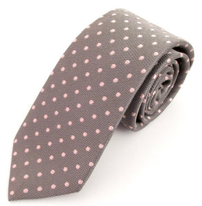 Silver Grey Silk Tie With Pink Polka Dots by Van Buck