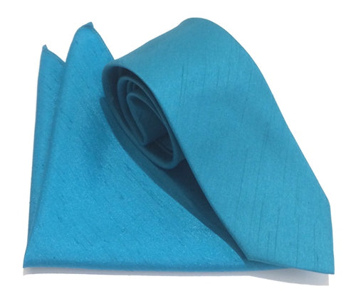 Turquoise Slub Plain Tie and Pocket Square Set by Van Buck