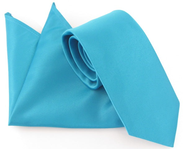 Turquoise Satin Tie and Pocket Square Set
