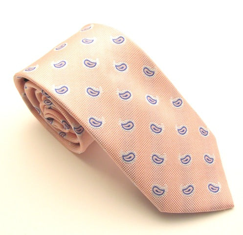 Baby Pink Silk Tie with Small Navy Blue Paisley Pattern