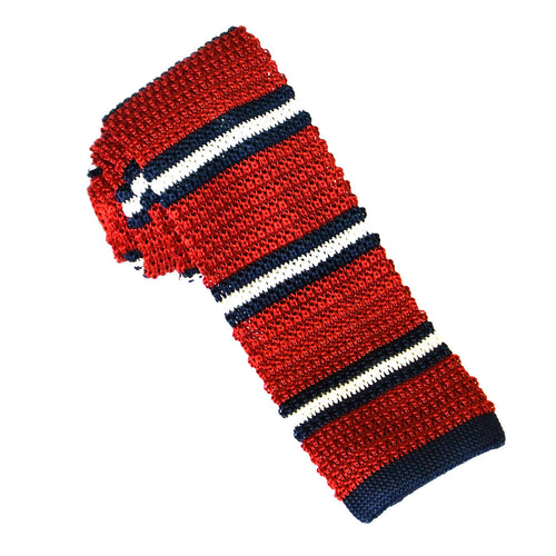 Red & White Stripe Knitted Marl Silk Tie by Van Buck