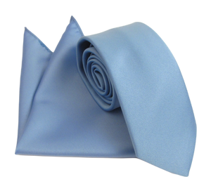 Cornflower Blue Satin Wedding Tie and Pocket Square Set By Van Buck