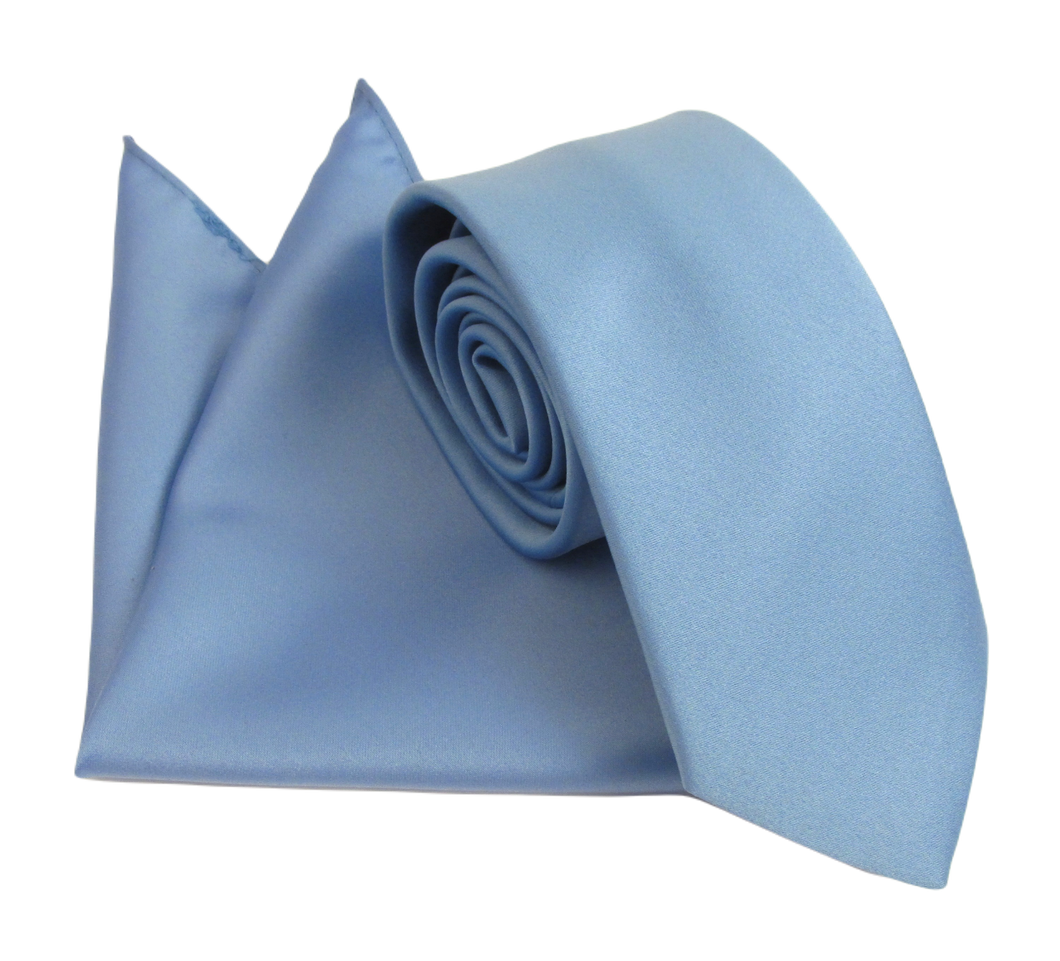 Cornflower Blue Satin Wedding Tie and Pocket Square Set By Van Buck
