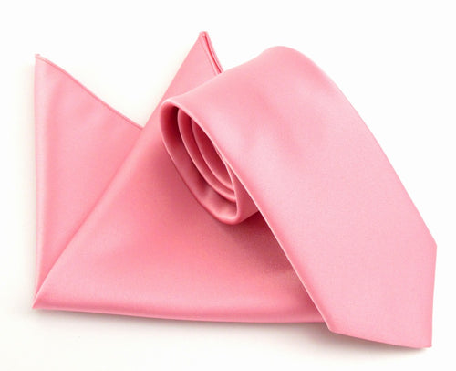Rose Pink Wedding Satin Tie and Pocket Square Set By Van Buck