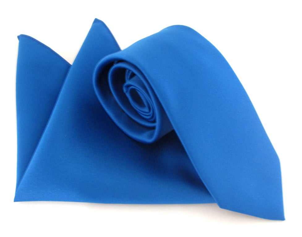 Royal Blue Satin Wedding Tie and Pocket Square Set By Van Buck
