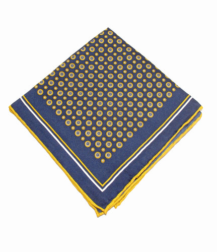 Navy Blue and Gold Circle Silk Fancy Pocket Square by Van Buck 