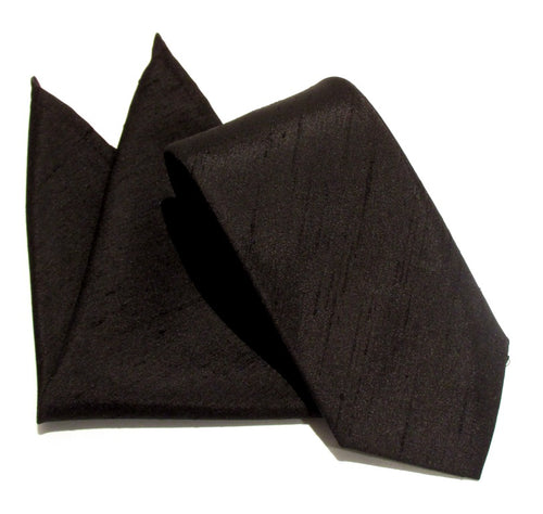 Van Buck Slub Plain Black Tie and Pocket Square Set